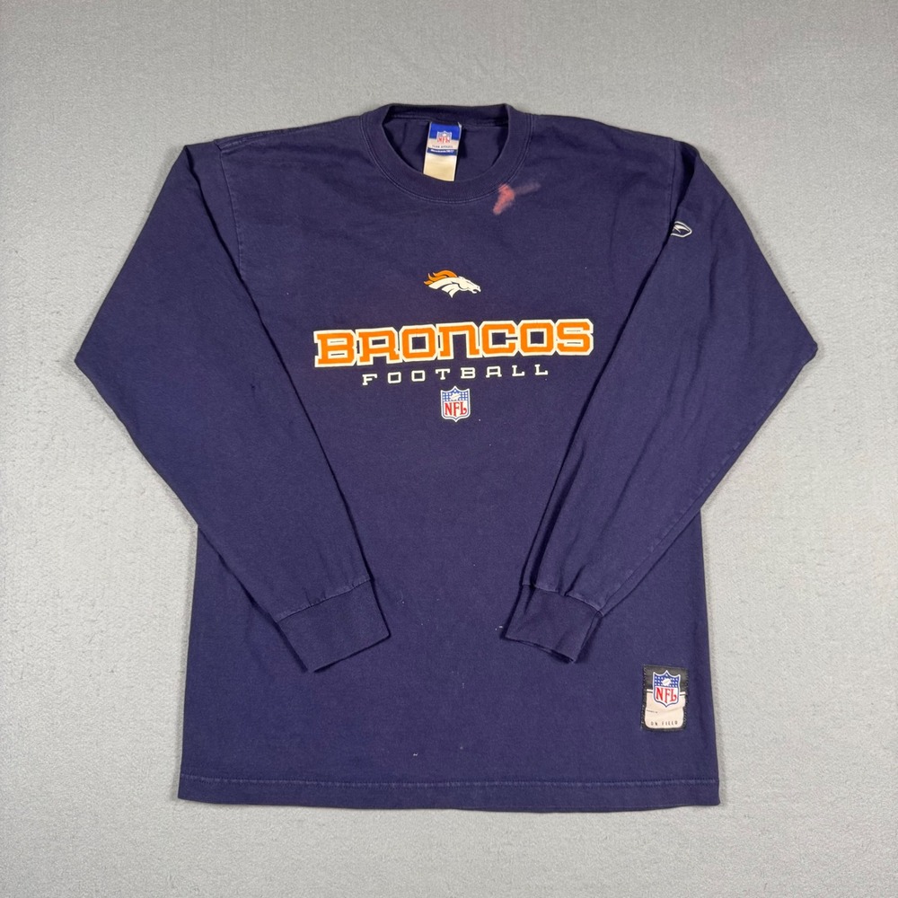 Reebok Denver Broncos NFL Long Sleeve T-Shirt Mens Medium Navy Blue Graphic Tee